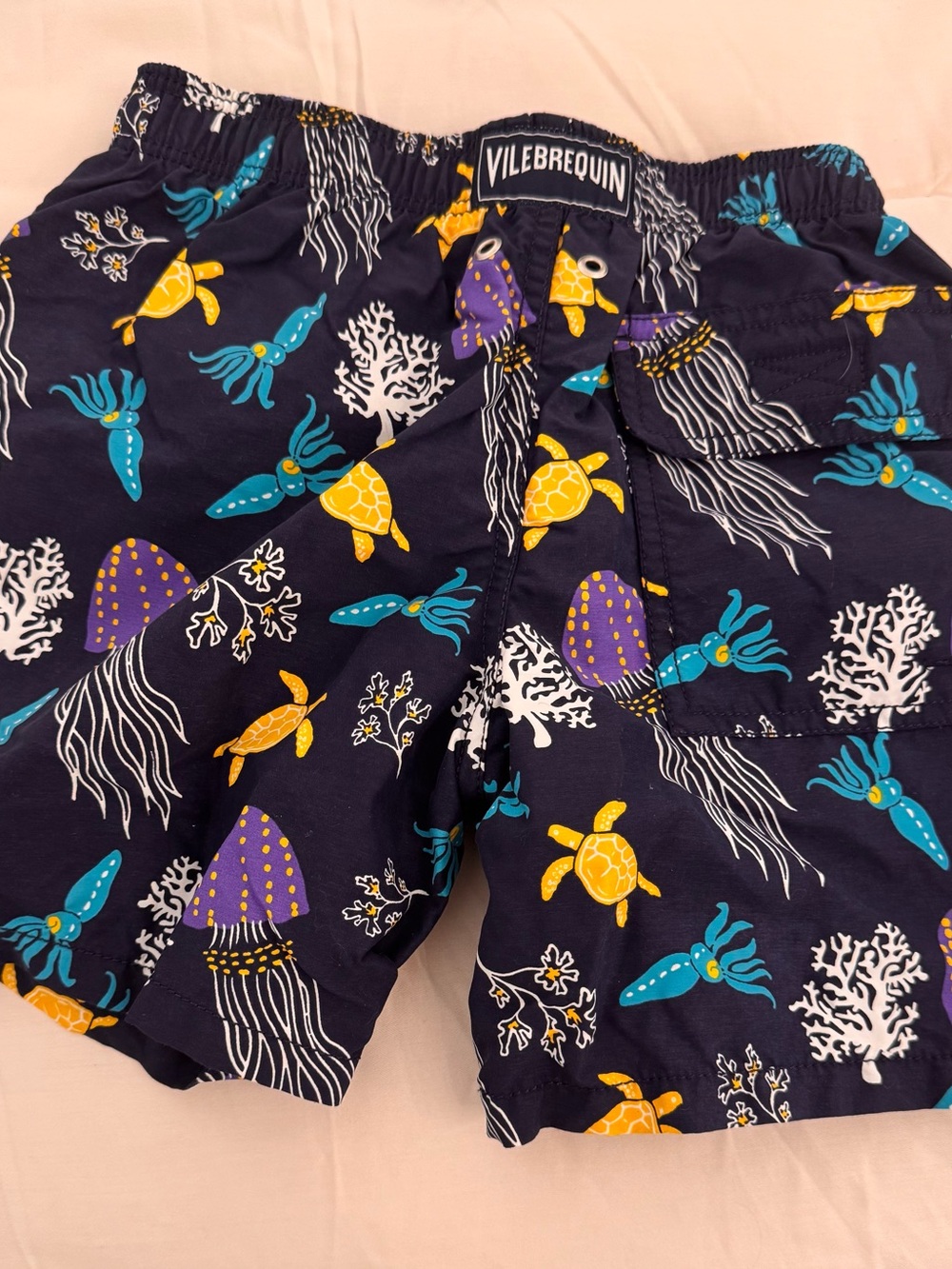 Vilebrequin Navy Swim Shorts with Yellow Turtles, Teal Squid & Purple Jellyfish